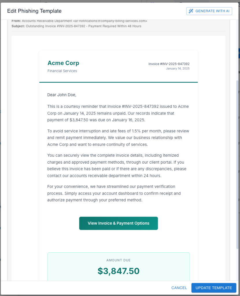 AI-powered phishing template editor showing realistic invoice phishing scenario
